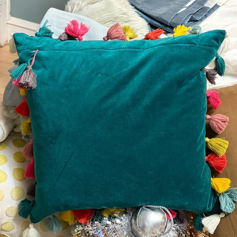Anthropologie Green Velvet Tassel Throw Accent Pillow Down Insert 18 x 18 EUC